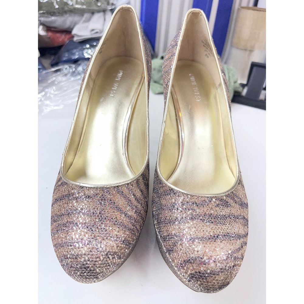 Nine West Women Zebra Glitter Platform Pumps Gold Multi Color Stiletto Heels 8M